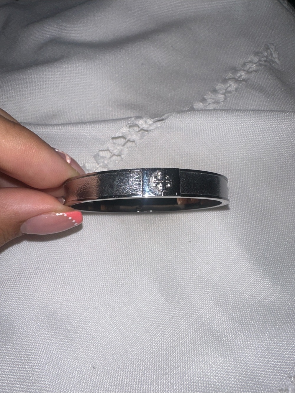 Tory Burch Silver Tone Hinged Bracelet with Subtle Logo